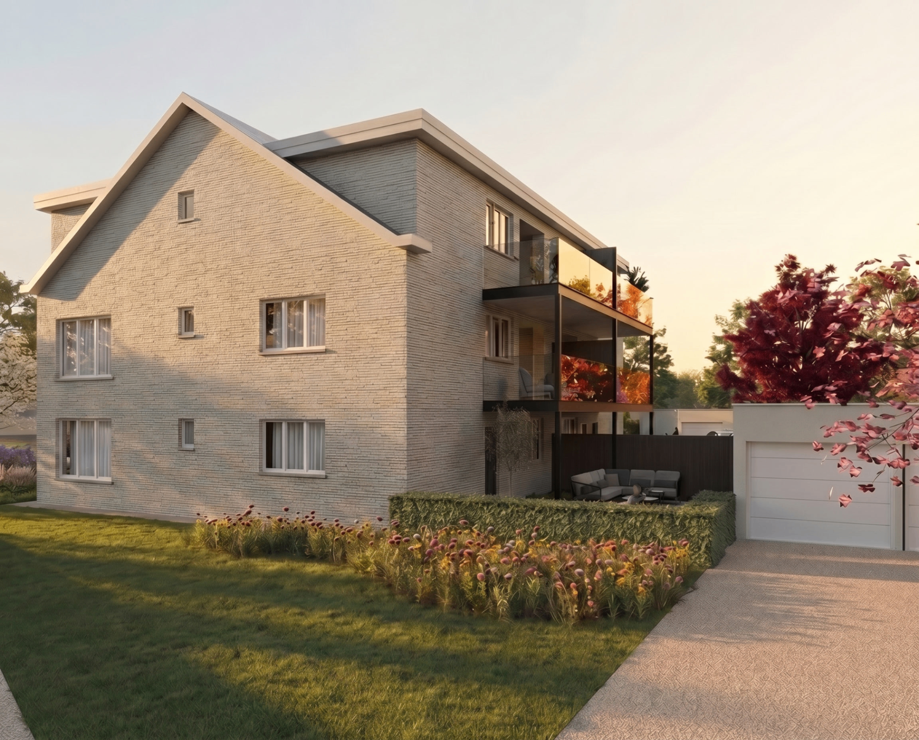 Motelaan 16 — zijgevel bij zonsondergang met tuin en oprit